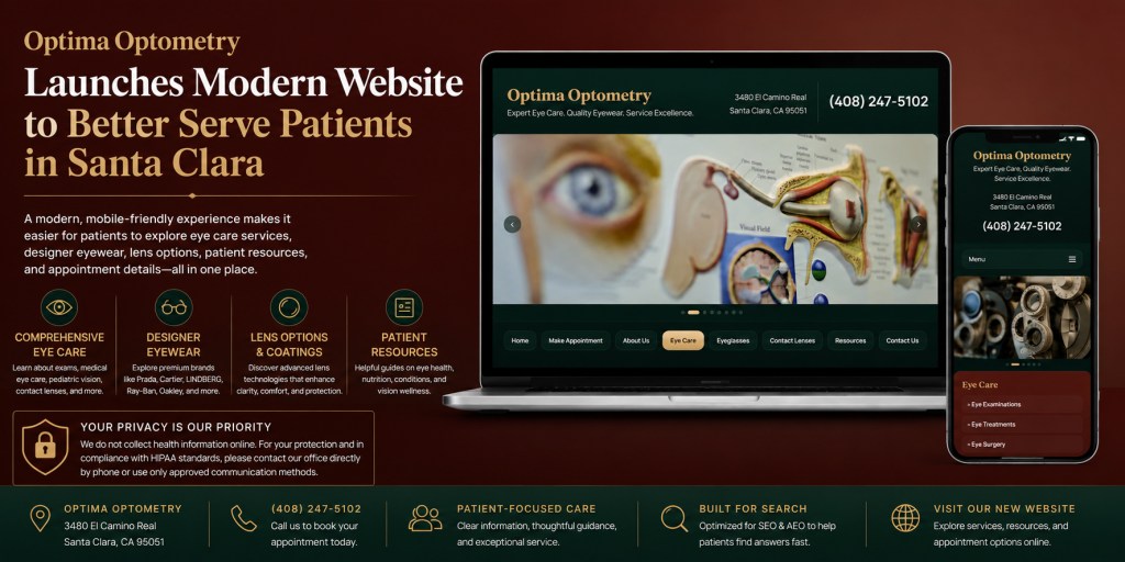 A promotional masthead banner for the new Optima Optometry website launch in Santa Clara California displaying a laptop and smartphone layout of the modern mobile friendly user interface with custom photography.