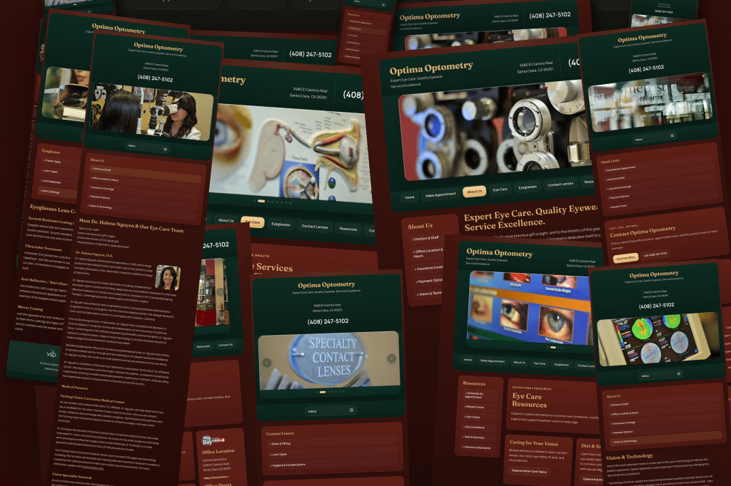 A layered editorial collage showcasing multiple mobile and desktop webpage screenshots of the redesigned Optima Optometry website, highlighting the team bio section, contact lenses page, and eye care resources for Santa Clara patients.